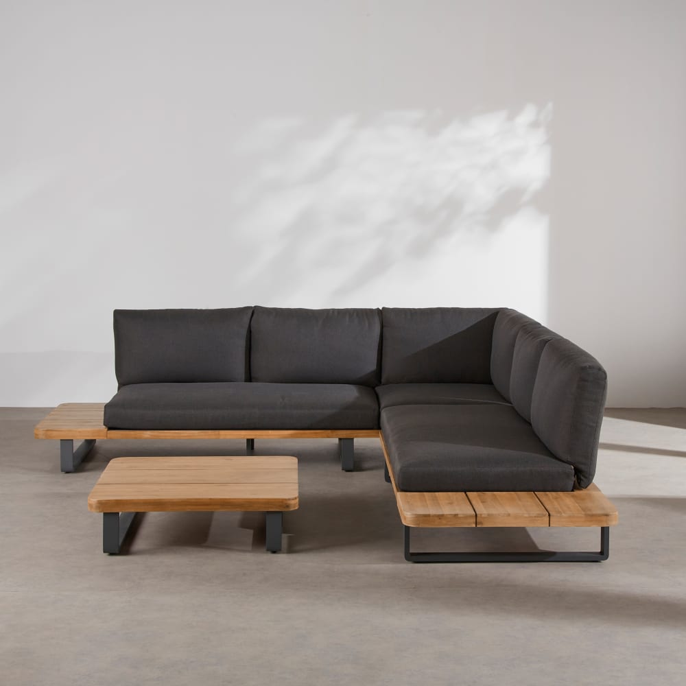 Salon de jardin 4/5 places en aluminium anthracite, bois d'acacia et coussins en polyester recyclé anthracite