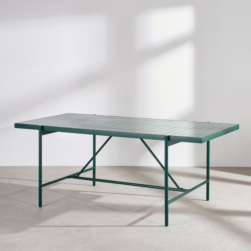 Table de jardin en acier et plateau carrelé imitation zellige vert, 6 personnes, L185 cm