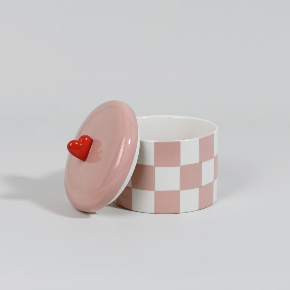 Boîte décorative ronde en porcelaine motif damier rose et blanc — vue 3
