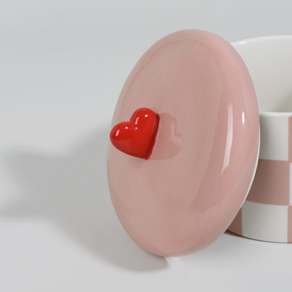 Boîte décorative ronde en porcelaine motif damier rose et blanc — vue 4