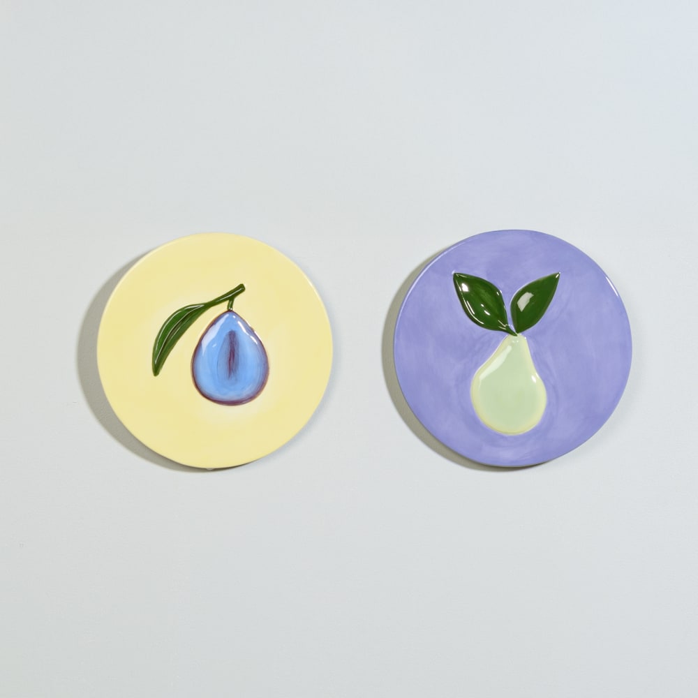 Déco murales rondes en faïence violette et jaune (x2)