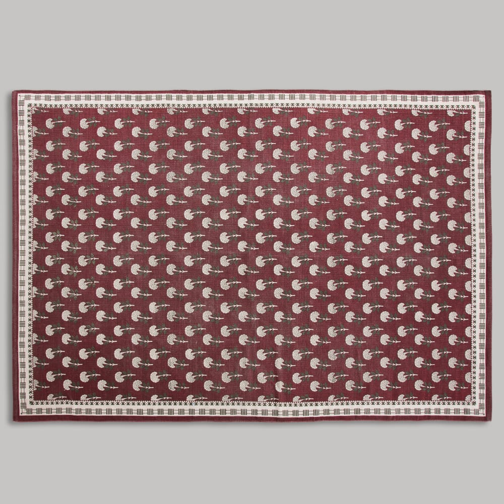 Tapis en coton tissé motif floral bordeaux, écru et vert 160x230