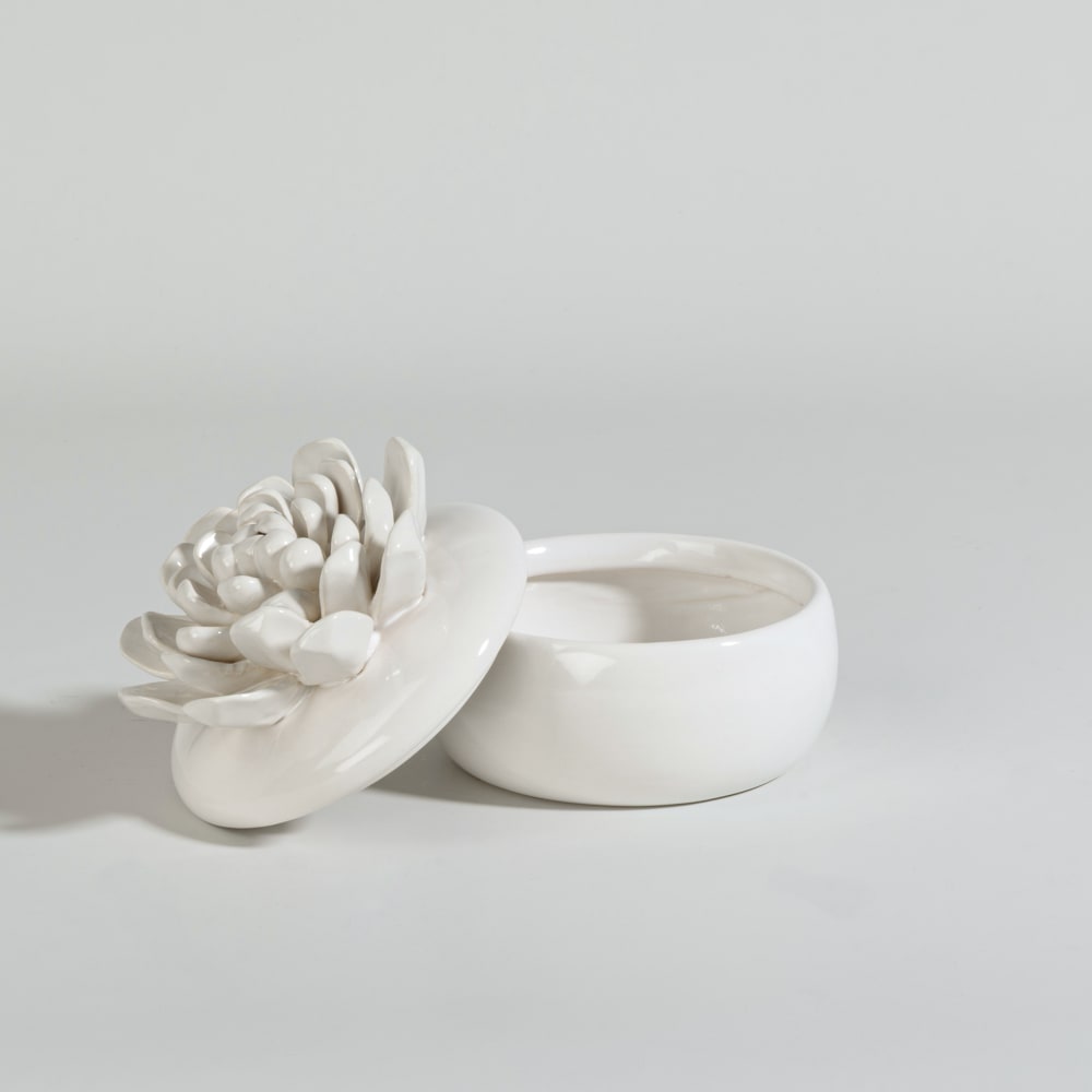 Boîte décorative ronde et fleur en faïence écrue — vue 3
