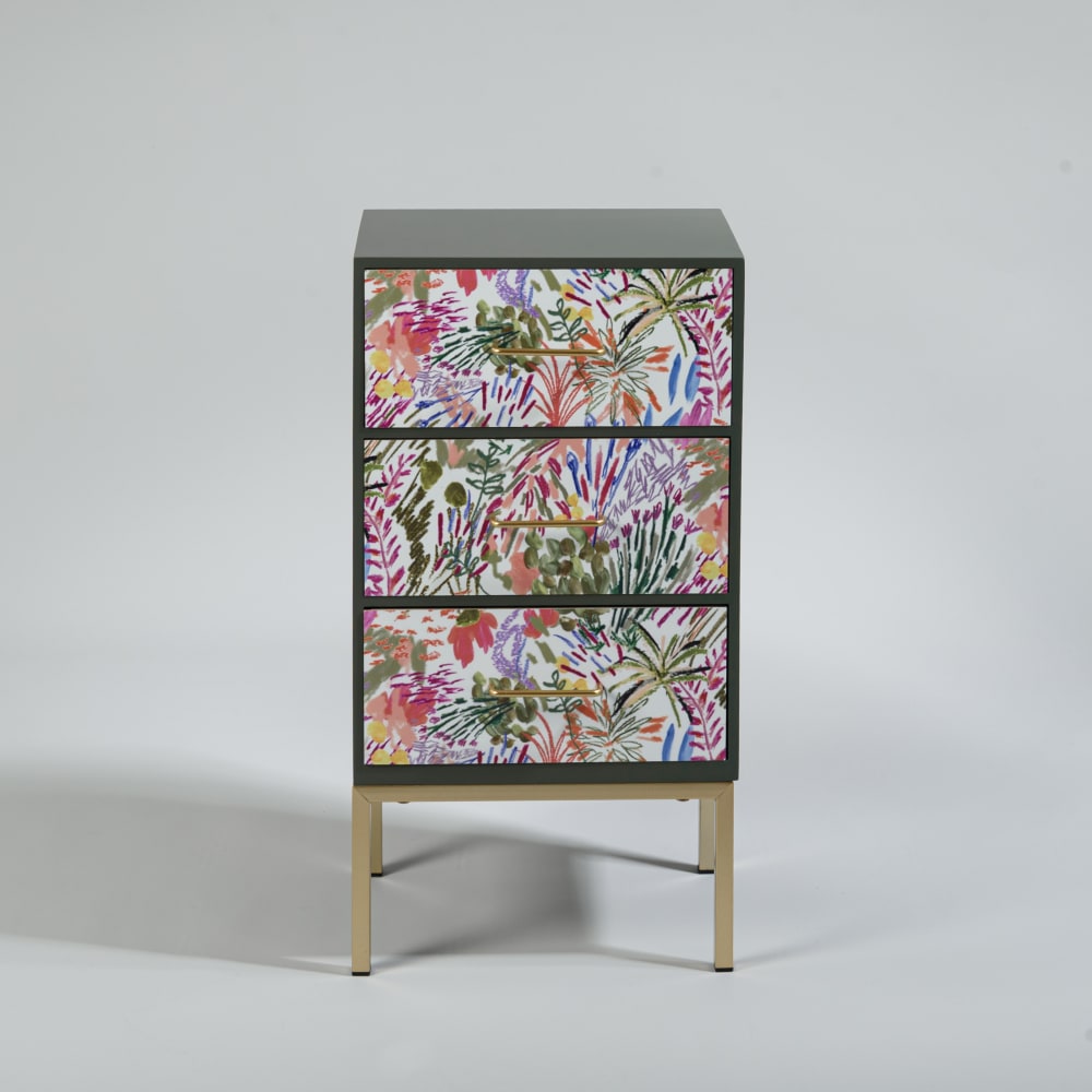 Petit meuble de rangement 3 tiroirs avec fer forgé et motif végétal multicolore Petit meuble de rangement 3 tiroirs avec fer forgé et motif végétal multicolore