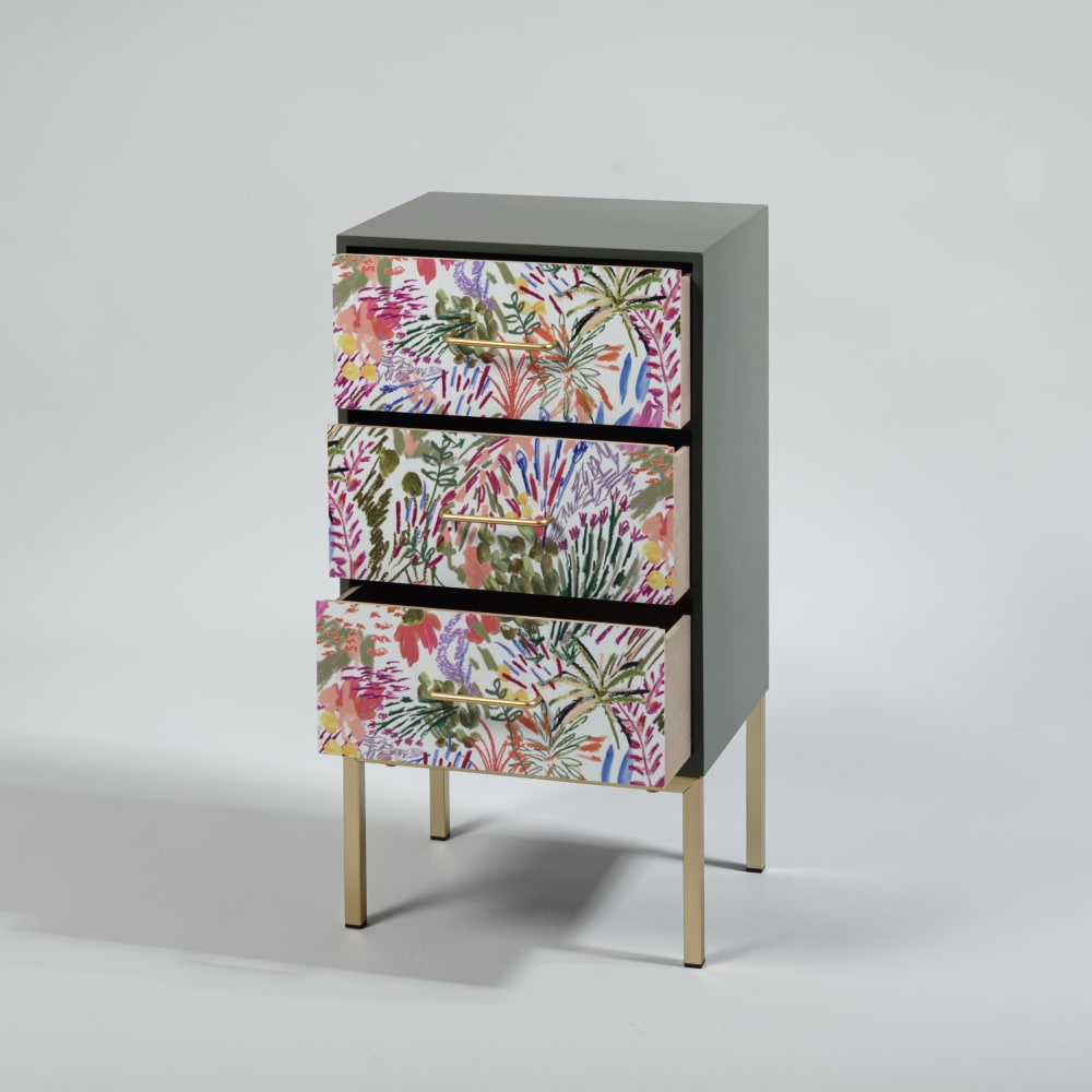 Petit meuble de rangement 3 tiroirs avec fer forgé et motif végétal multicolore — vue 3