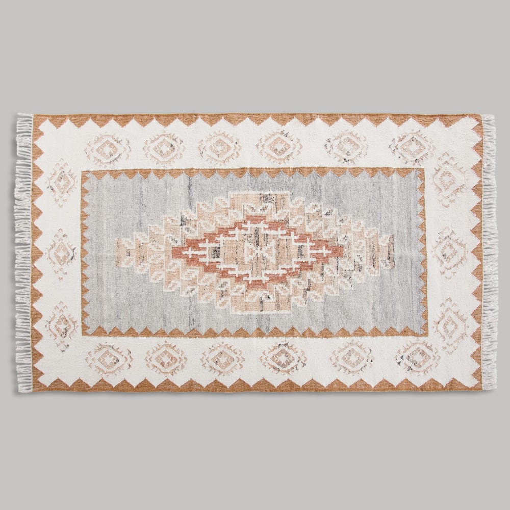 Tapis kilim tissé gris, jaune, écru et rouge 160x230