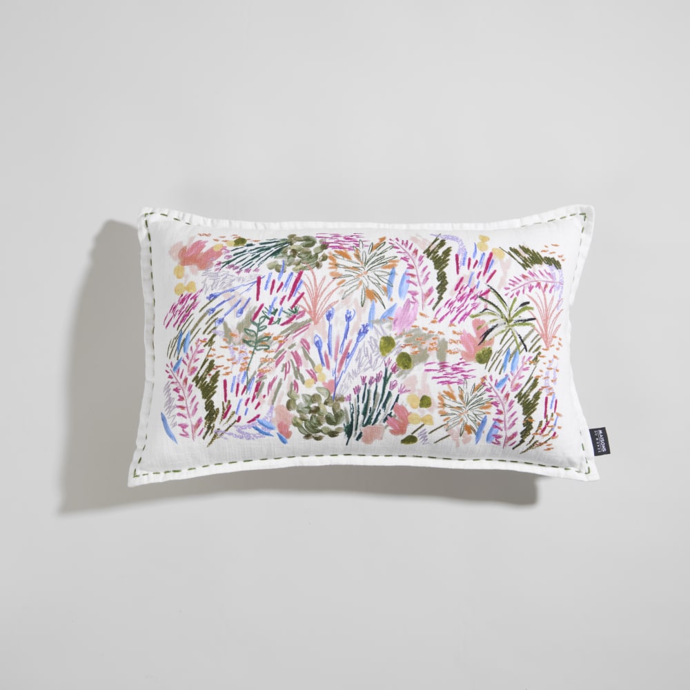 Housse de coussin en coton biologique écru motifs floraux multicolores 50x30