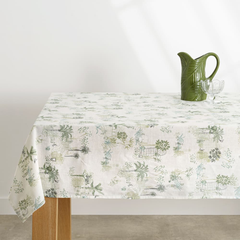 Nappe en lin et coton blanc cassé à imprimé végétal vert 150x250