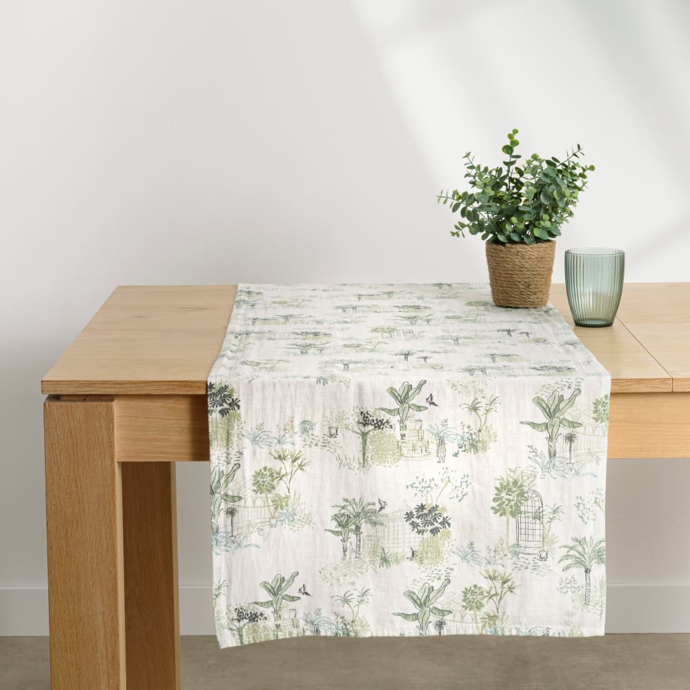 Chemin de table en lin et coton blanc cassé à imprimé végétal vert 50x150