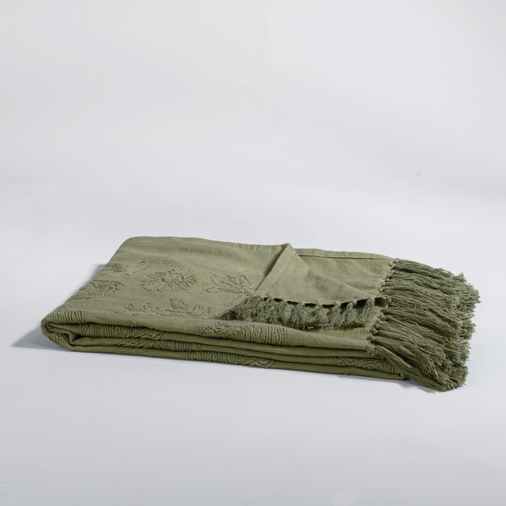 Plaid en coton motif floral vert 130x170