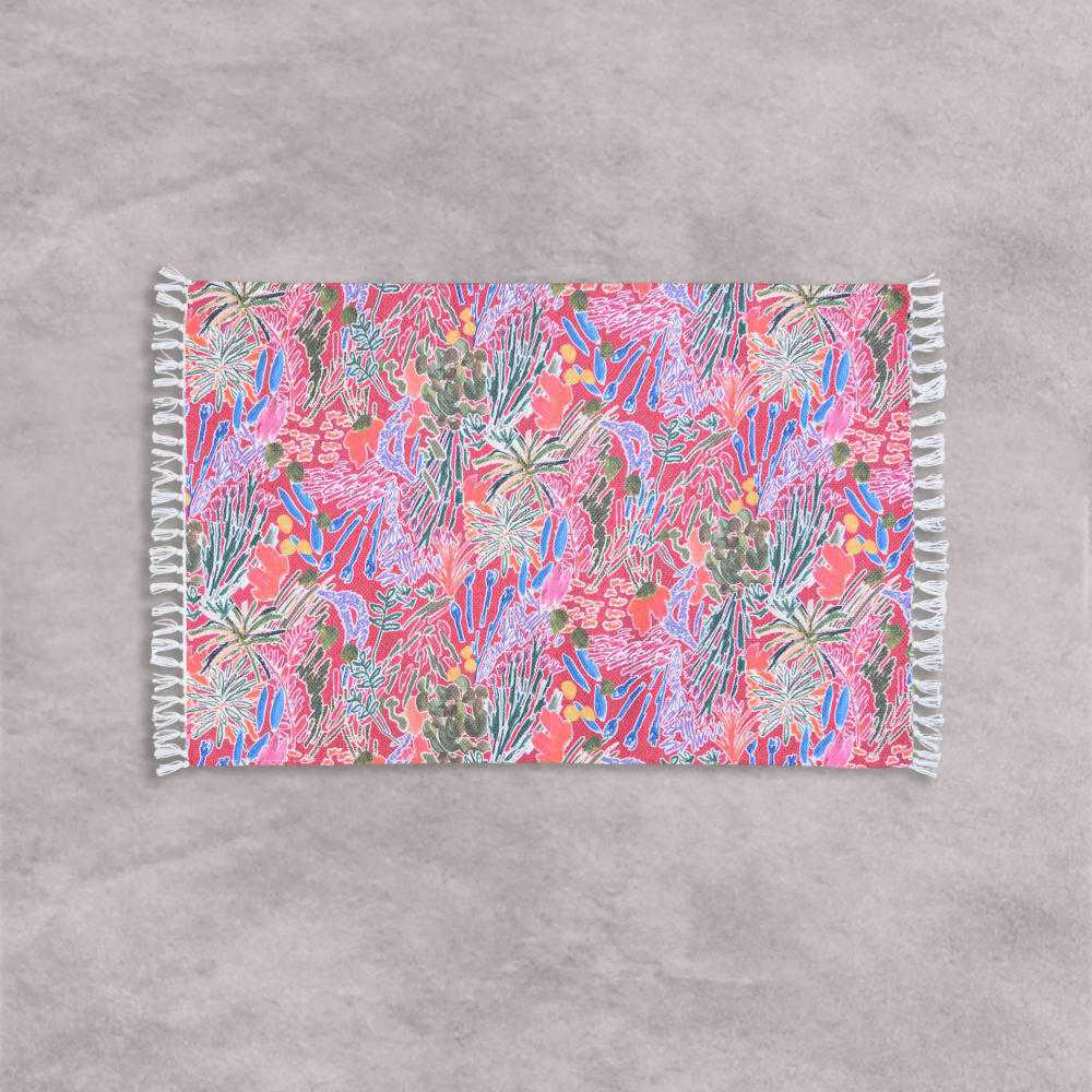 Tapis réversible en coton recyclé imprimé floral multicolore finitions franges 60x90