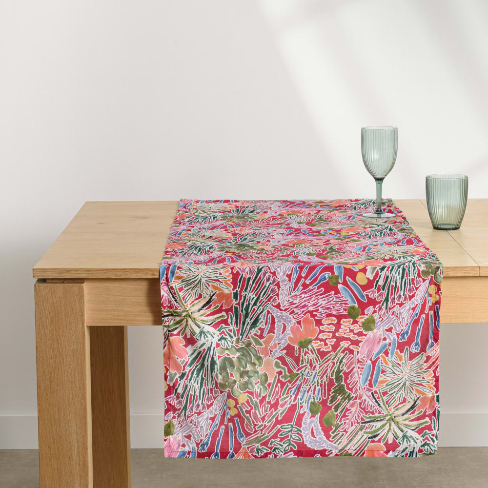 Chemin de table en voile de coton à imprimé végétal multicolore 50x150