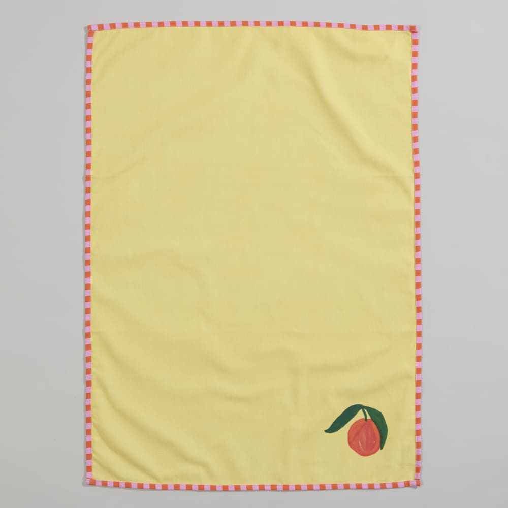 Torchon en coton jaune imprimé et biais multicolore 50x70