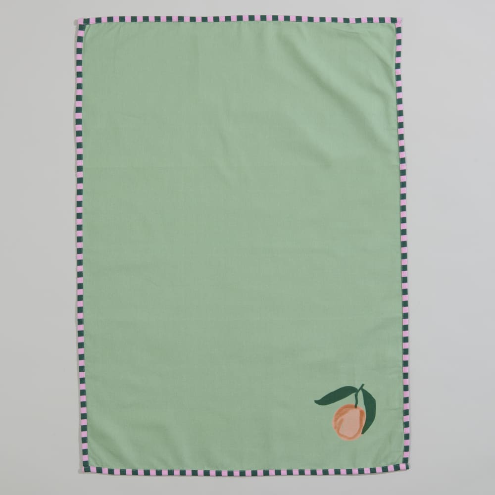 Torchon en coton vert imprimé et biais bicolore 50x70