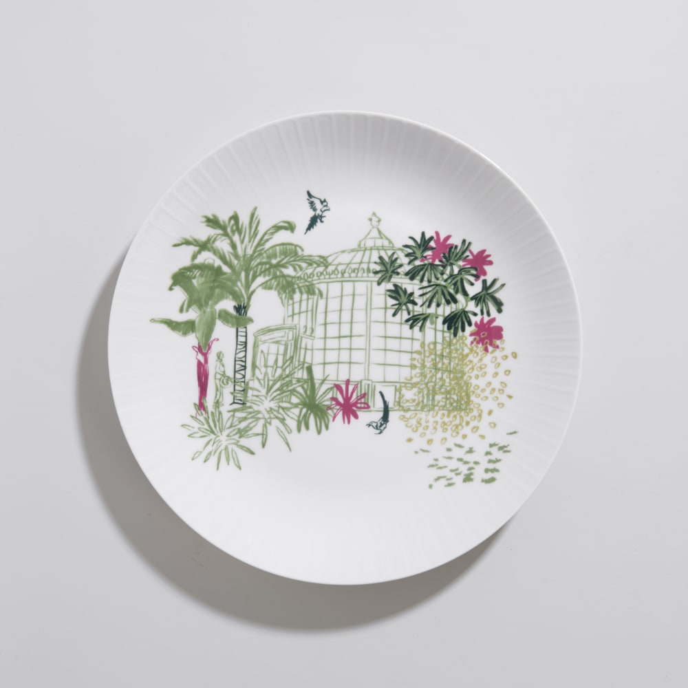 Assiette plate en porcelaine verte, blanche et rose