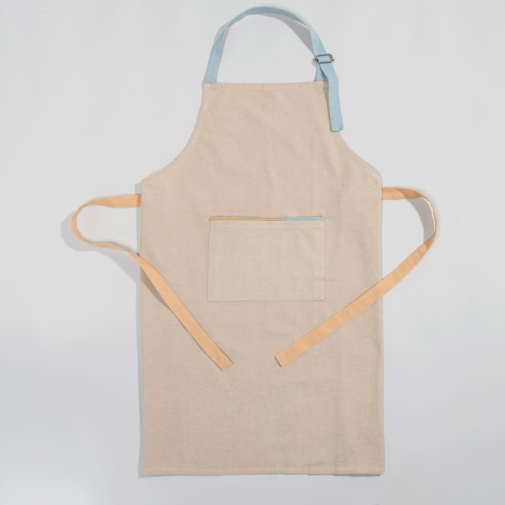 Tablier en coton beige avec bourdon bicolore 70x85