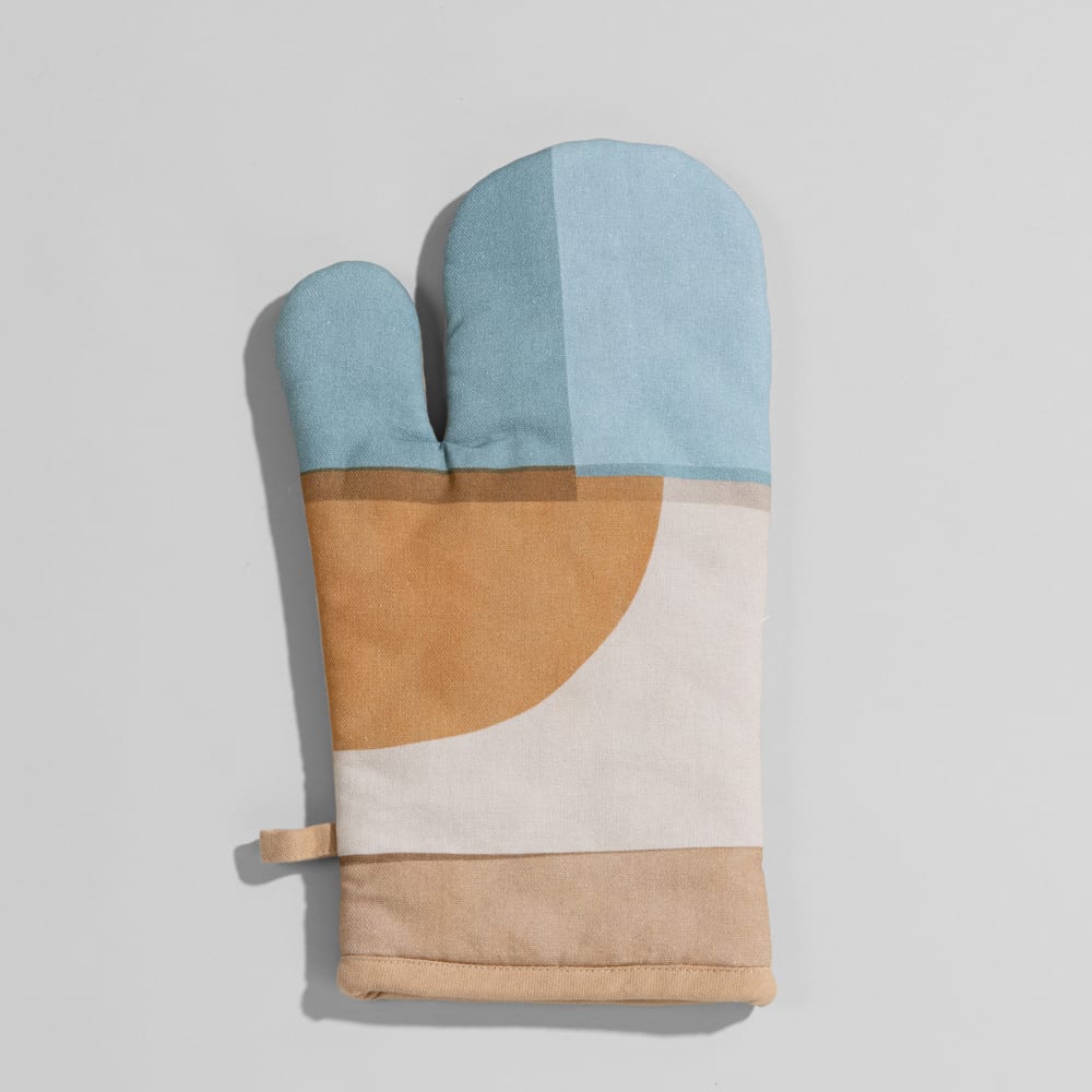 Gant de cuisine en coton imprimé beige, bleu et jaune