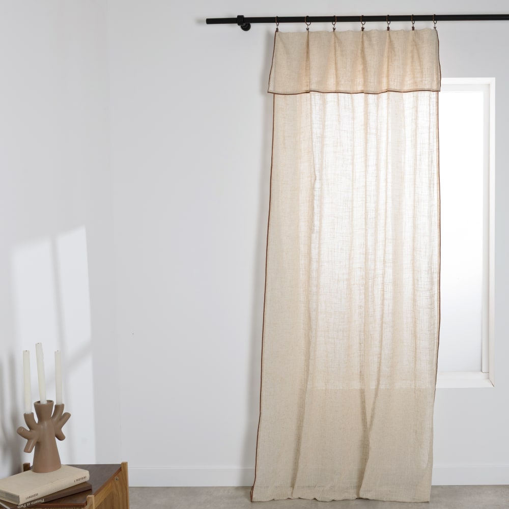 Rideau à oeillets pinces en coton et lin beige avec bourdon marron,140x280 cm (vendu à l'unité)