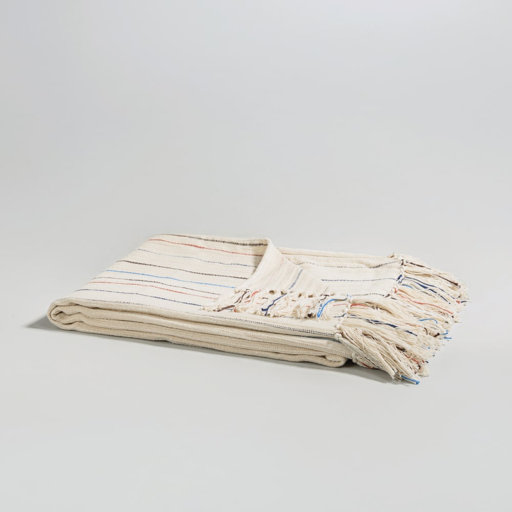 Plaid en coton tissé écru et lignes multicolores 130x170