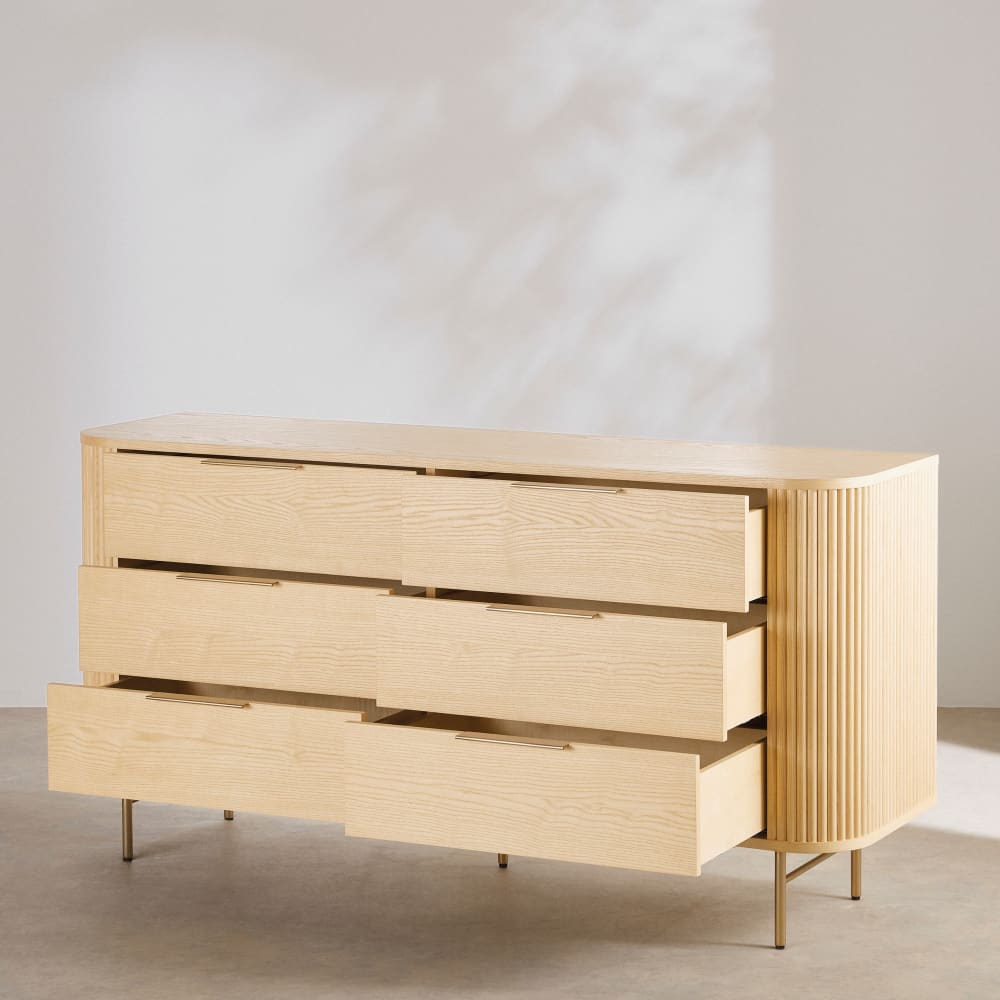 Commode 6 tiroirs beige et acier coloris laiton L160