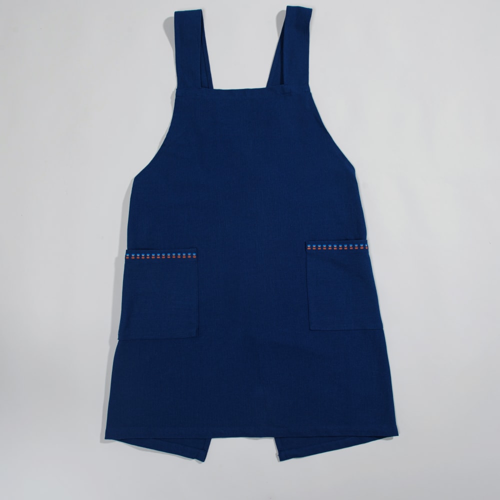 Tablier en coton bleu marine, marron et caramel avec poches 110x100