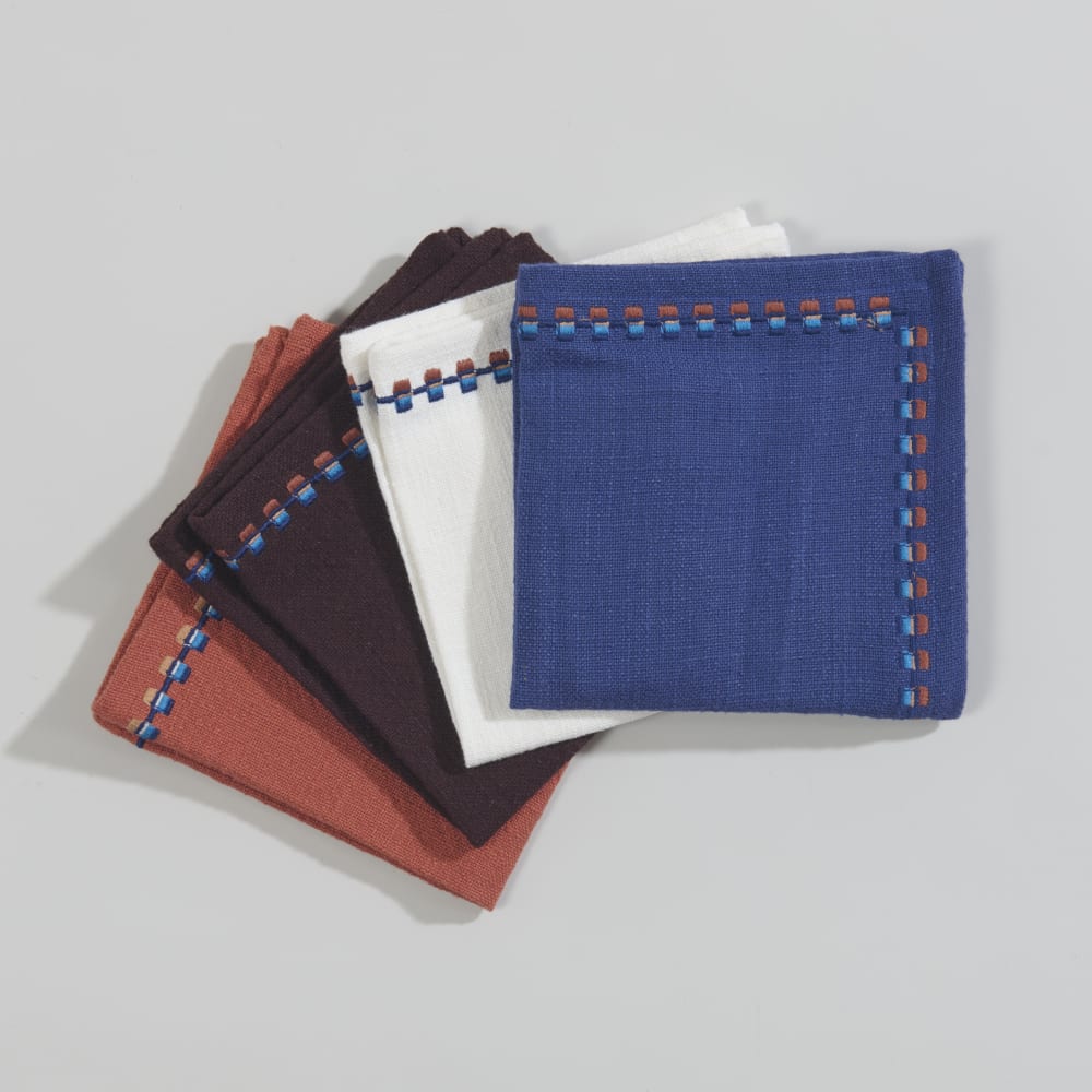 Serviettes cocktail en coton multicolore et bordures brodées 30x30 (x4)