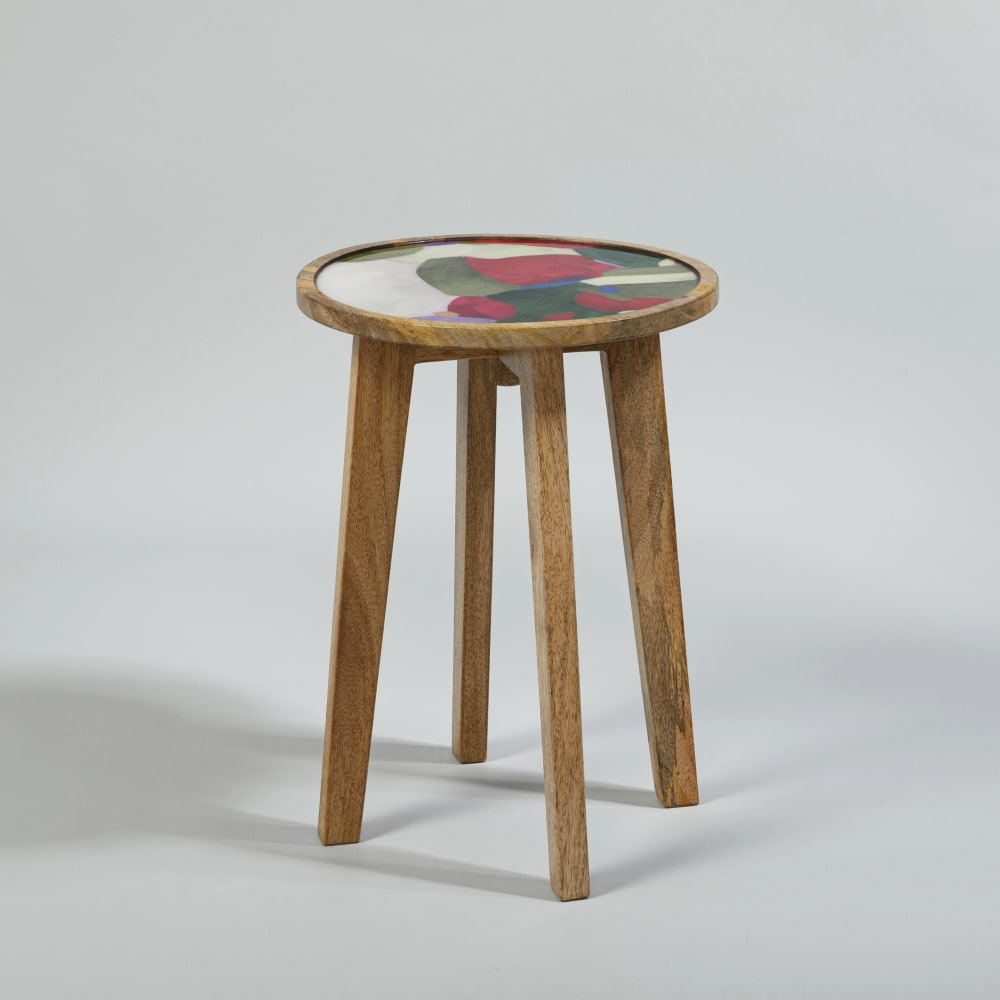 Bout de canapé en bois de manguier et plateau multicolore