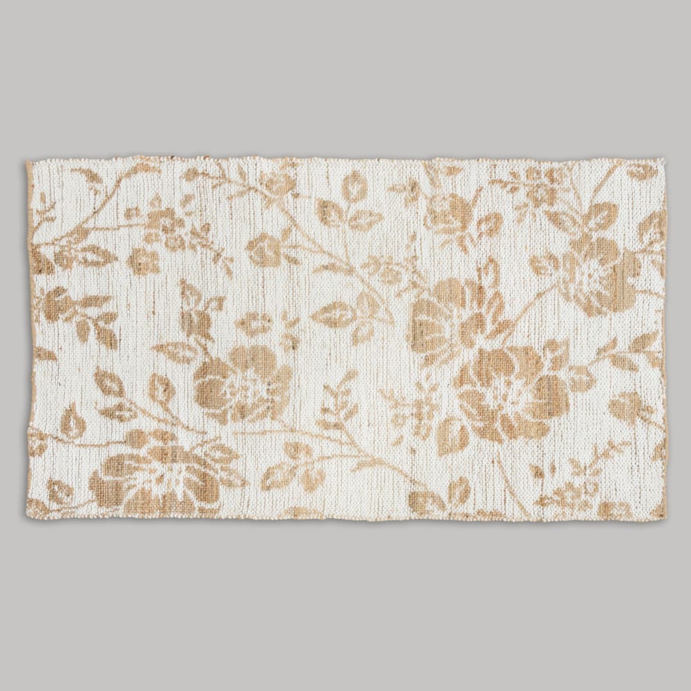 Tapis réversible en jute et laine tissé jacquard motif floral beige et blanc 90x150