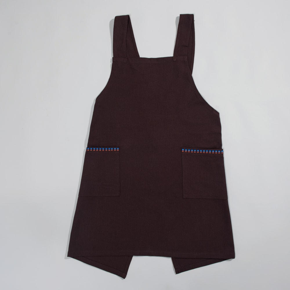 Tablier en coton marron, bleu et caramel avec poches 110x100