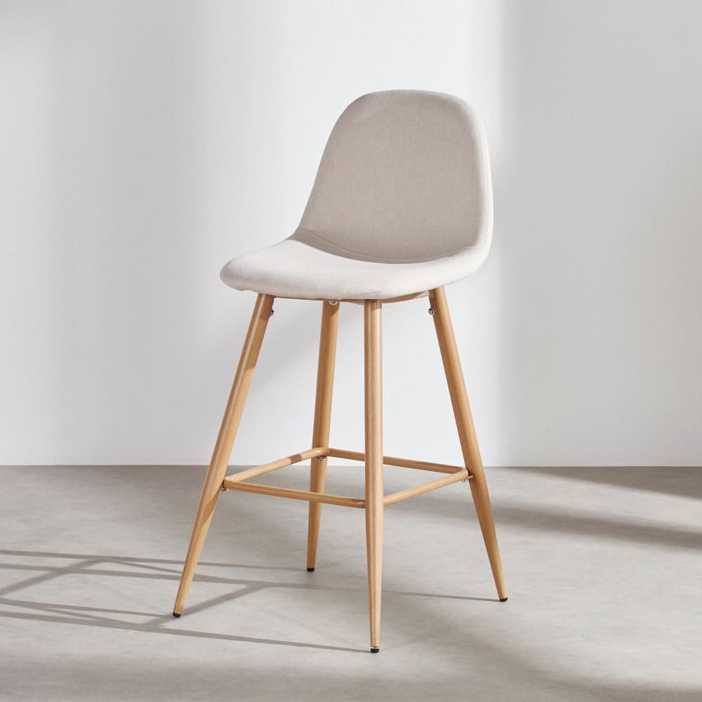 Chaise pour îlot central en tissu polyester recyclé beige et acier imitation chêne, H66 cm
