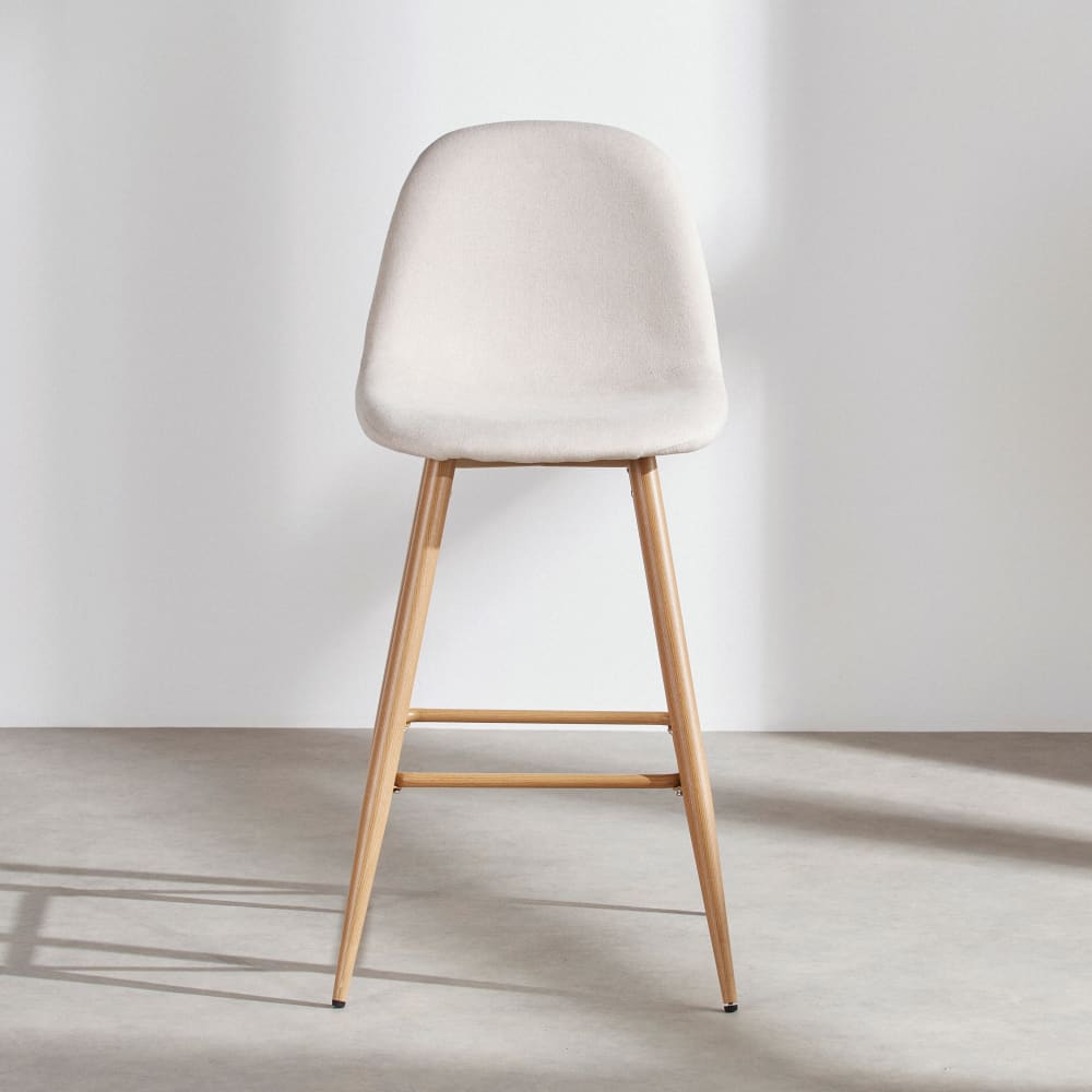 Chaise pour îlot central en tissu polyester recyclé beige et acier imitation chêne, H66 cm — vue 3