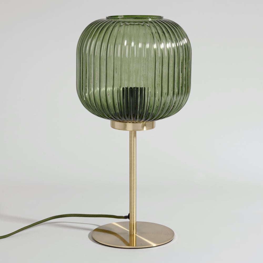Lampe en acier doré et abat-jour en verre strié vert