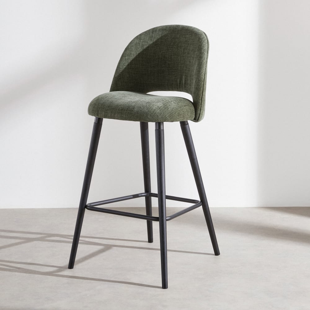Chaise de bar en tissu polyester vert et bois d'hévéa noir H80