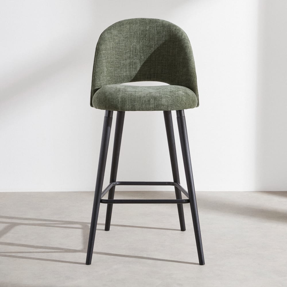 Chaise de bar en tissu polyester vert et bois d'hévéa noir H80 — vue 3