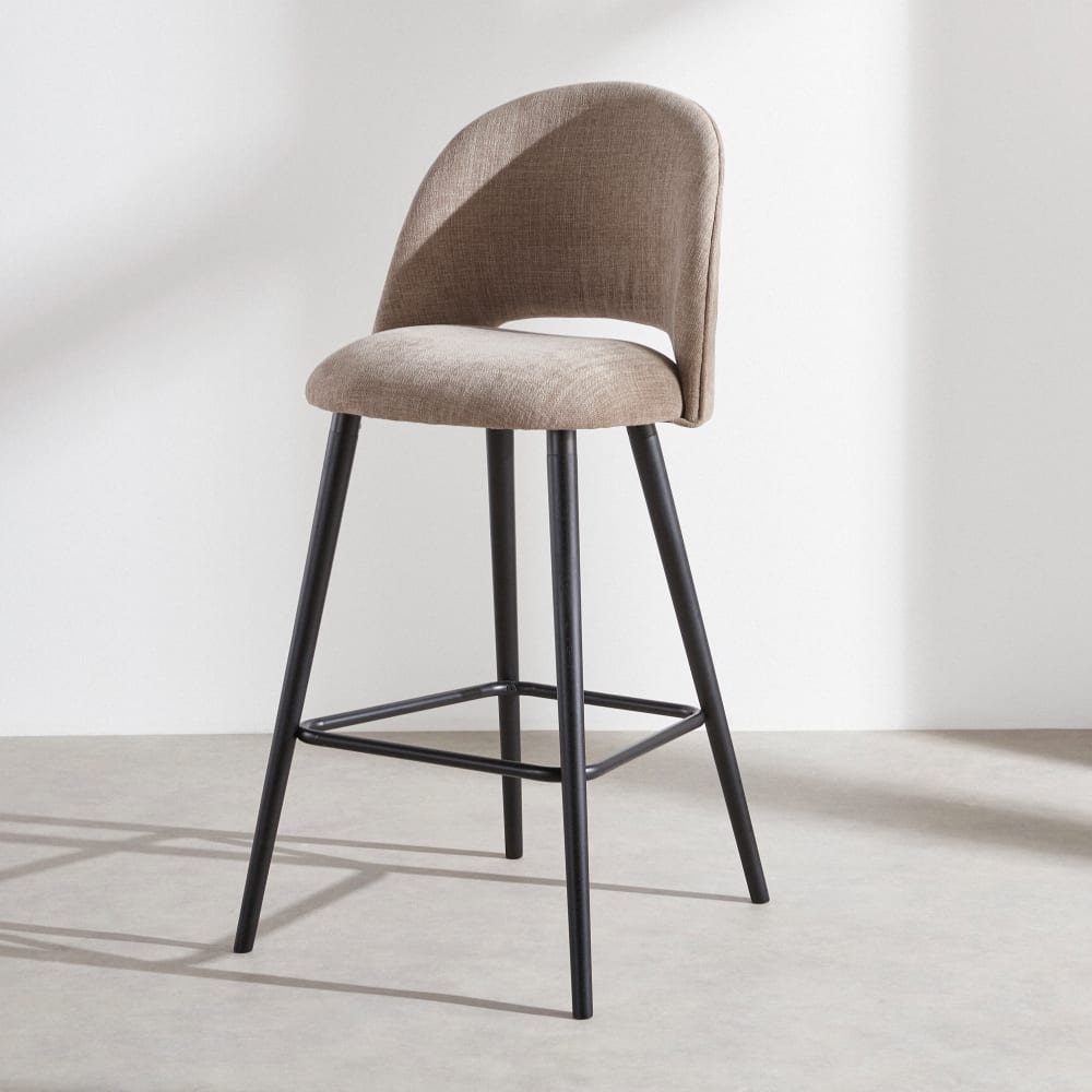 Chaise de bar en tissu polyester marron et bois d'hévéa noir H80