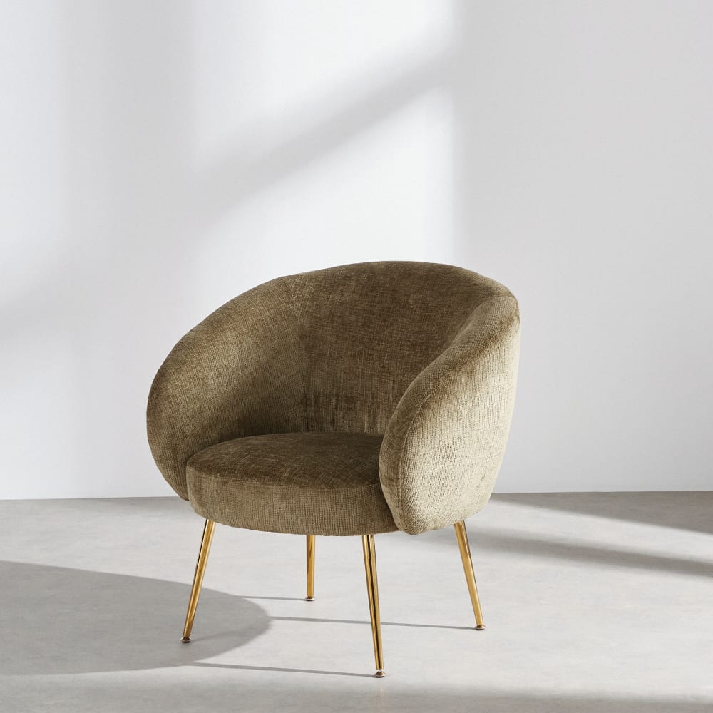 Fauteuil en tissu polyester chenille vert kaki et pieds en acier doré