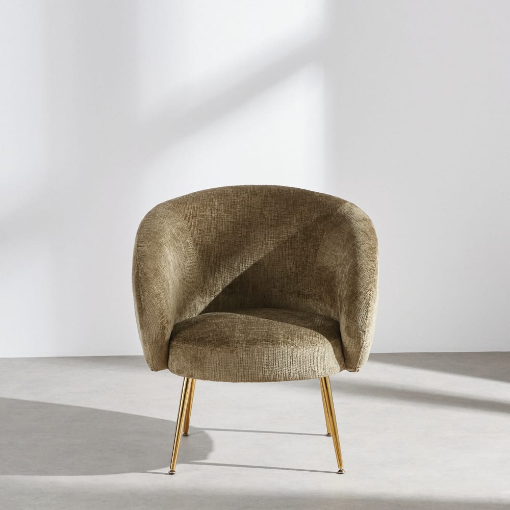 Fauteuil en textile chenille vert kaki et pieds en acier doré