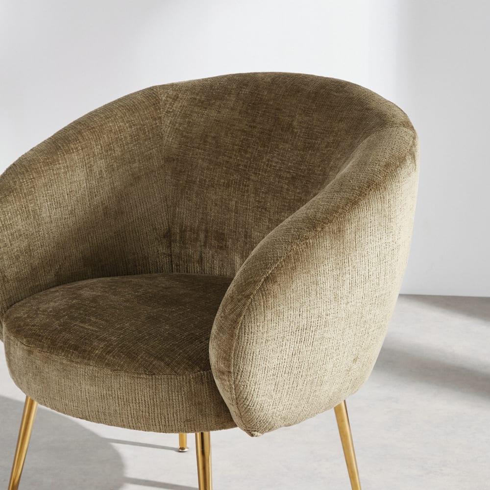 Fauteuil en tissu polyester chenille vert kaki et pieds en acier doré — vue 4