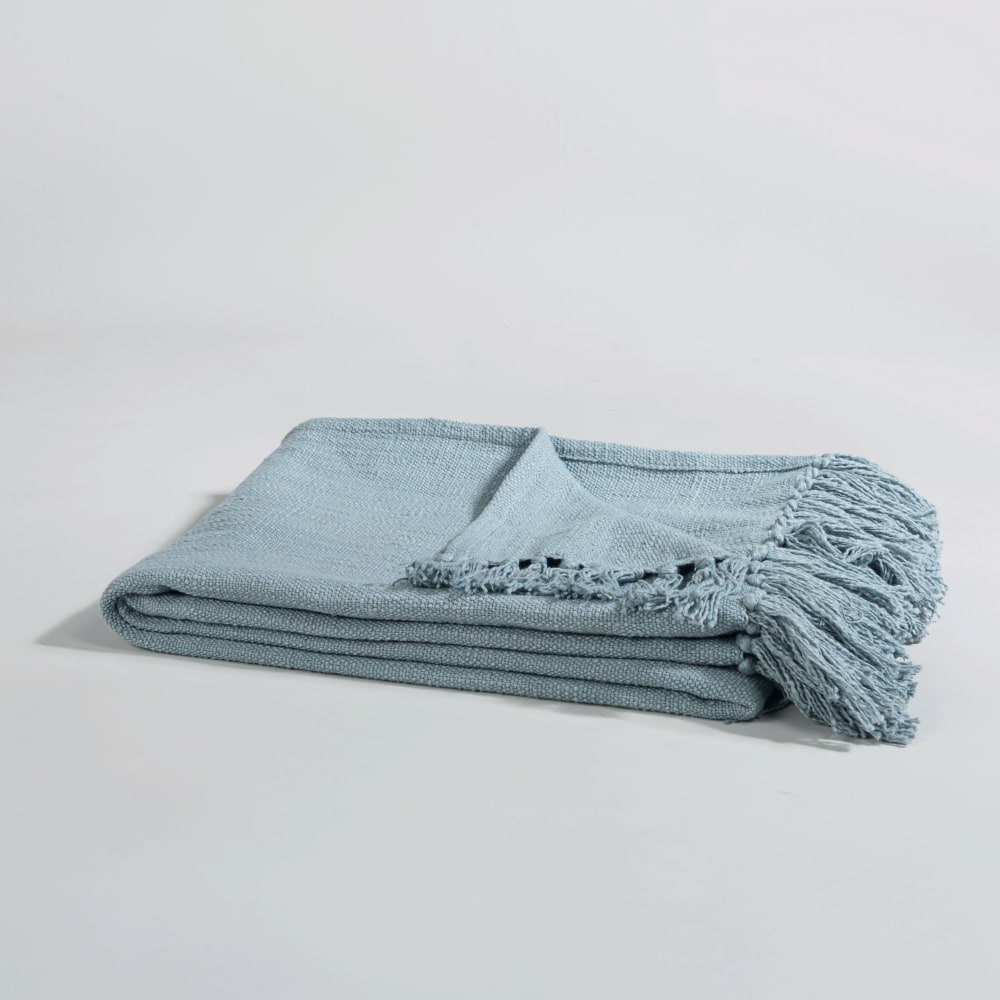 Plaid en coton recyclé bleu à franges 130x170