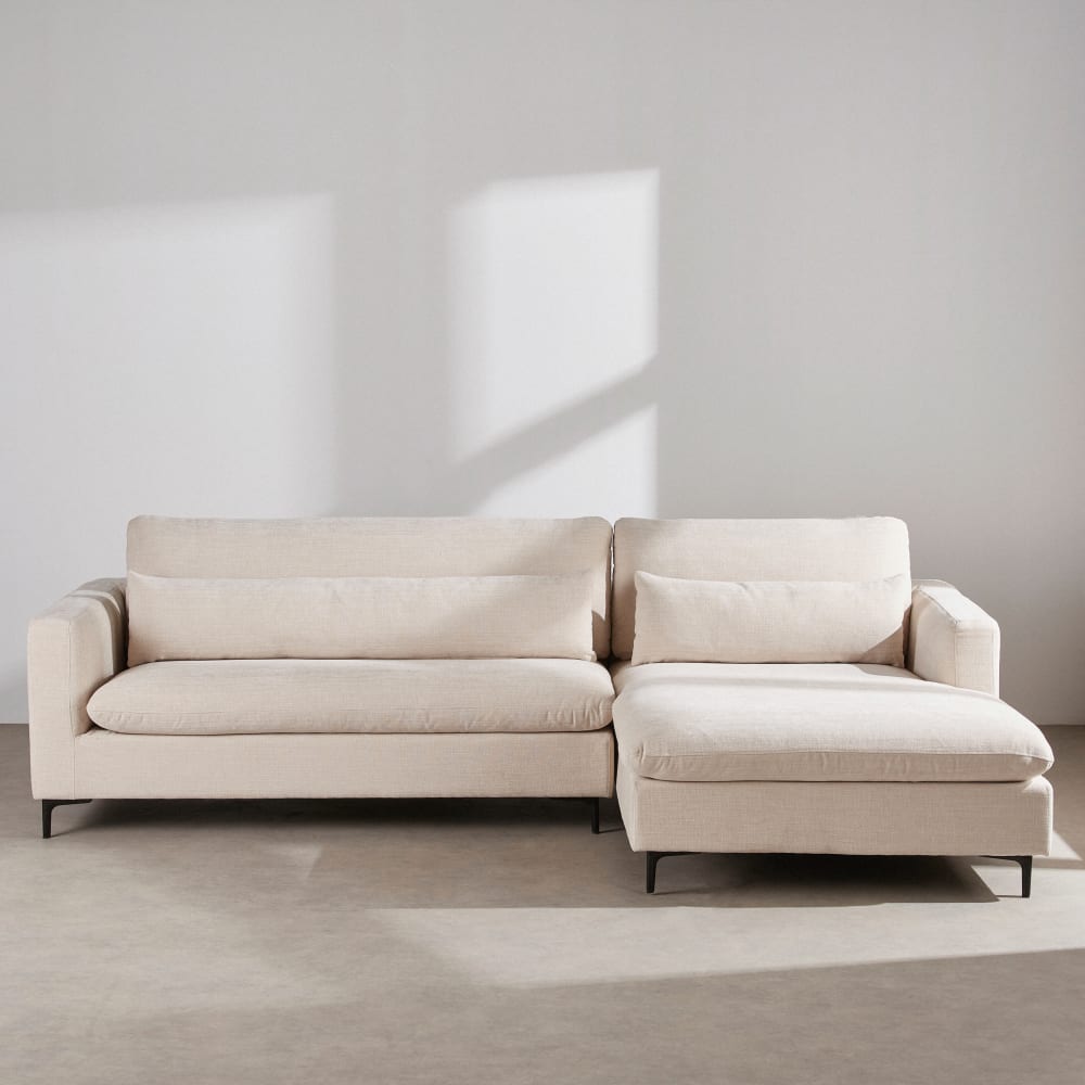 Canapé d'angle droit 4/5 places avec têtière effet velours beige