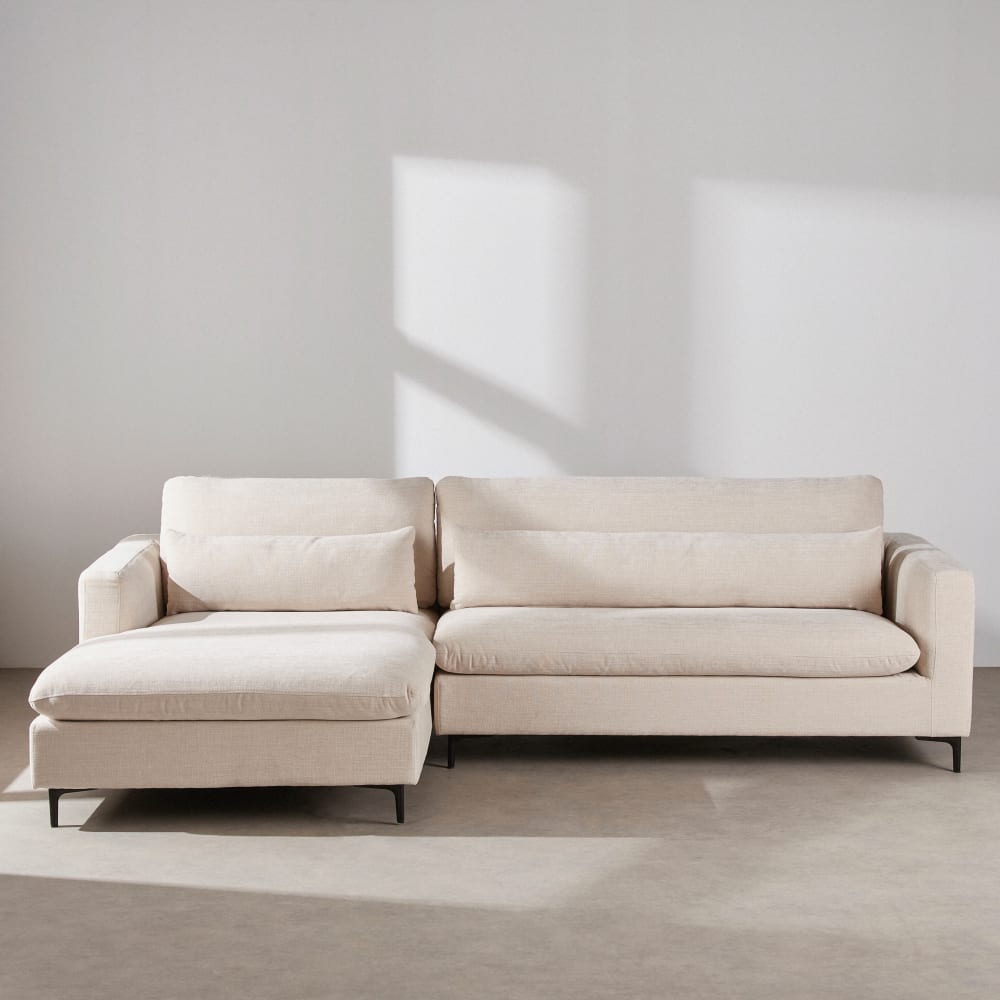 Canapé d'angle gauche 4/5 places avec têtière effet velours beige