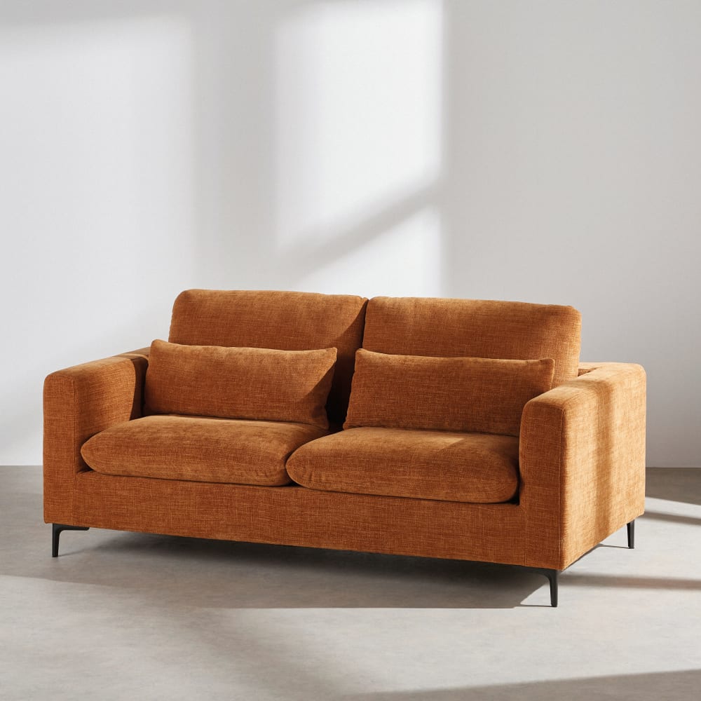 Canapé 2 places avec têtières relevables effet velours coloris brique