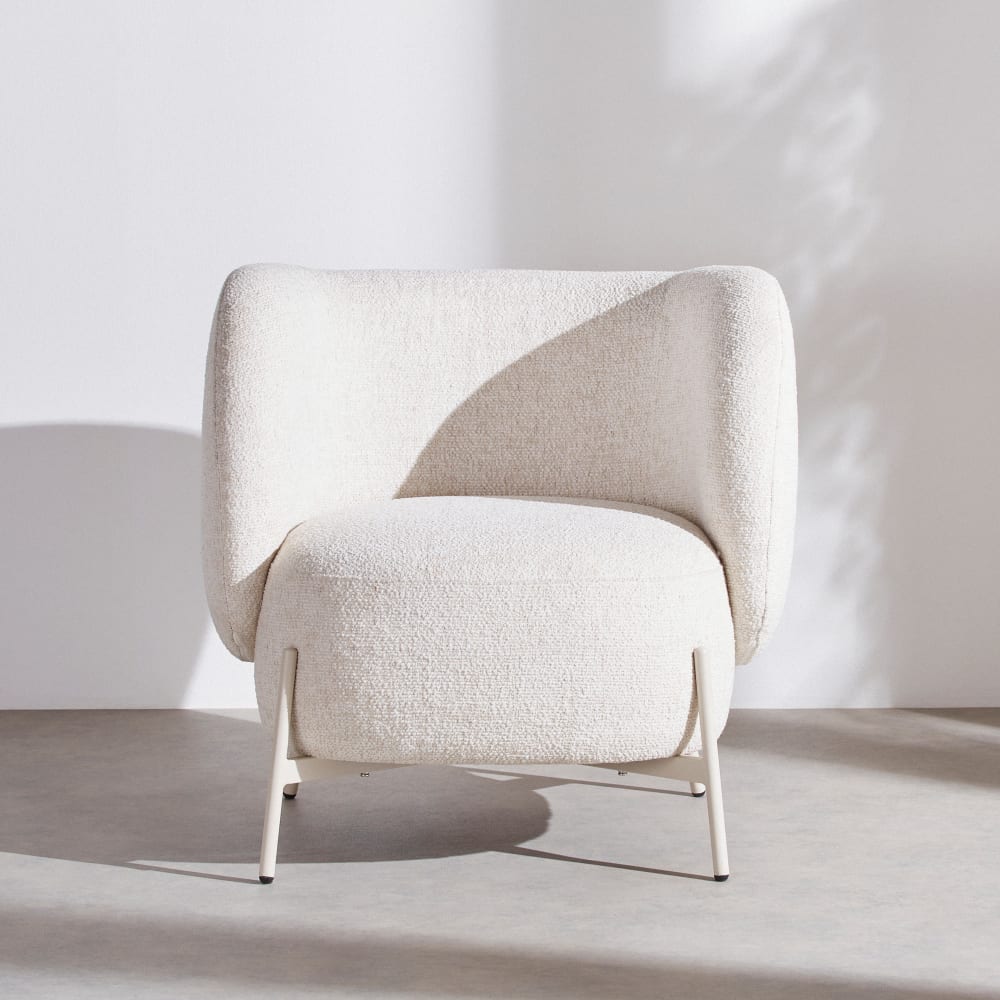 Fauteuil en textile tramé beige et acier beige