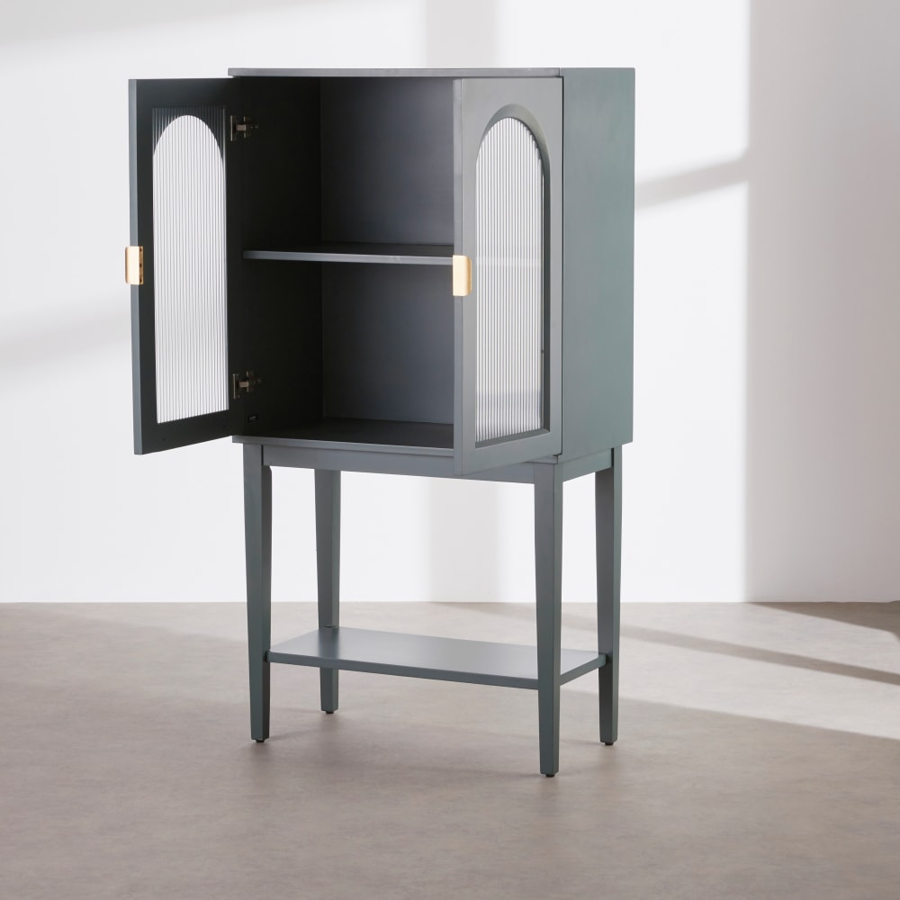 Hohes Sideboard mit 2 Flügeltüren aus Glas, tannengrün, 80 cm