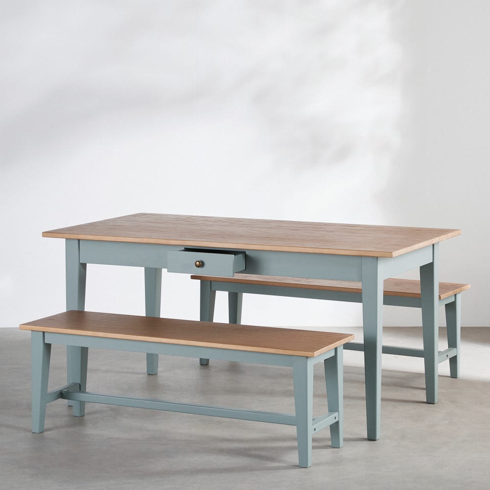 Ensemble table à manger 6 personnes et 2 bancs beiges et vert de gris