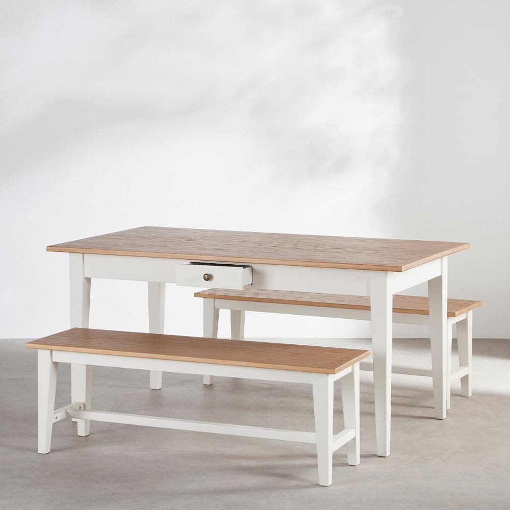 Ensemble table à manger 6 personnes et 2 bancs beiges et blancs