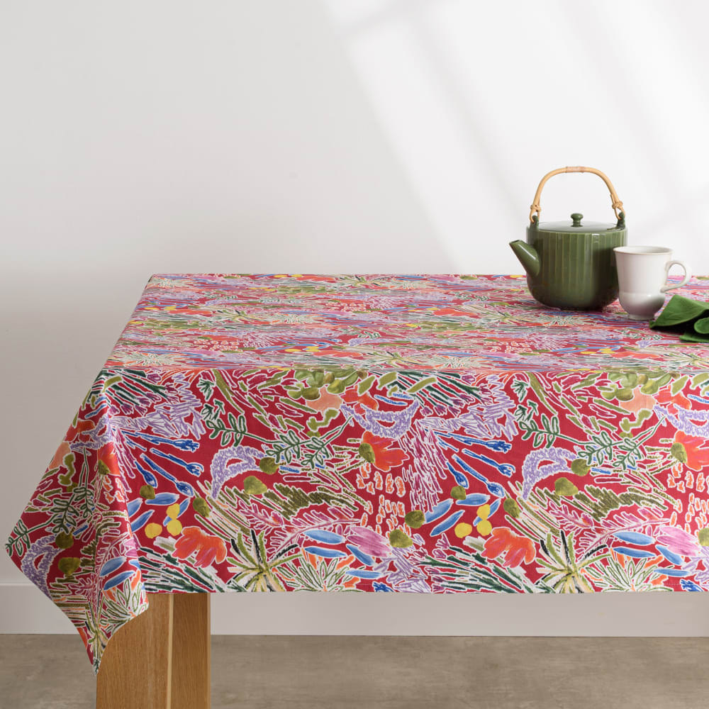 Nappe enduite en coton à imprimé végétal multicolore 150x250