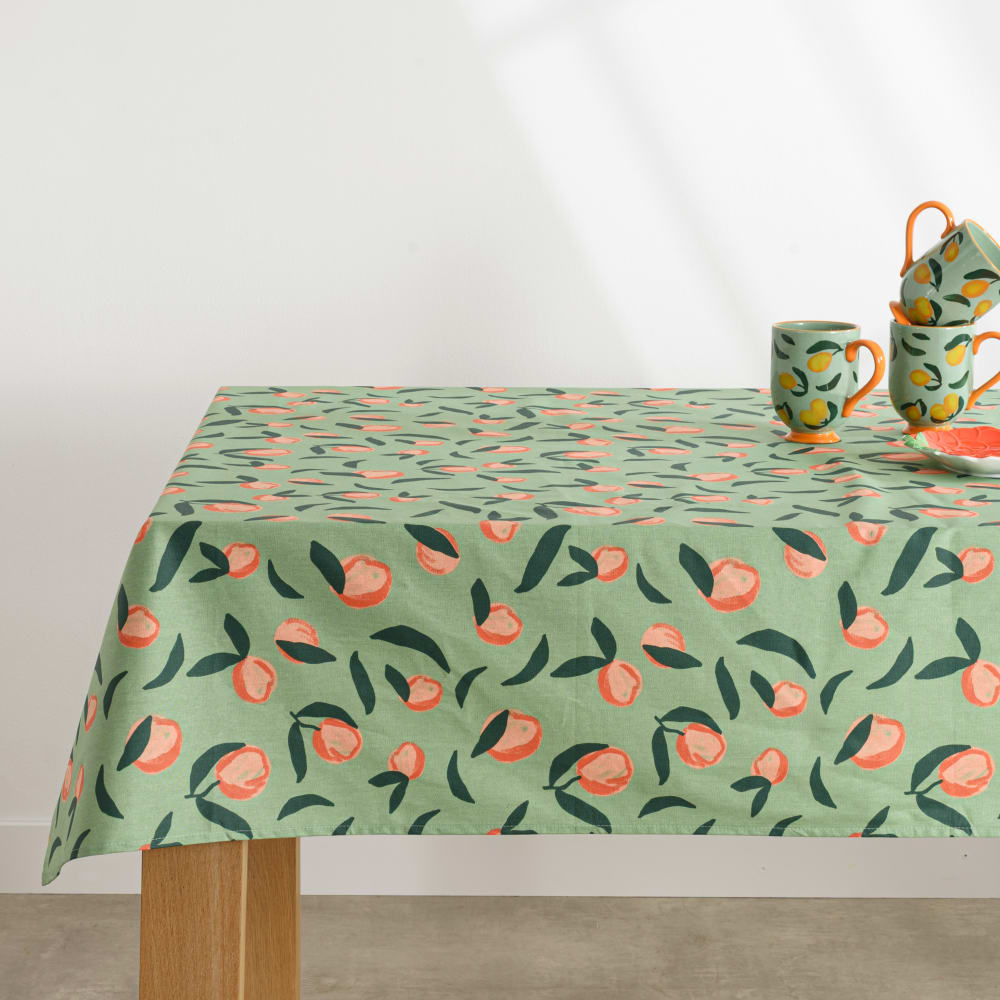 Nappe enduite en coton vert imprimé fruité rose 170x170