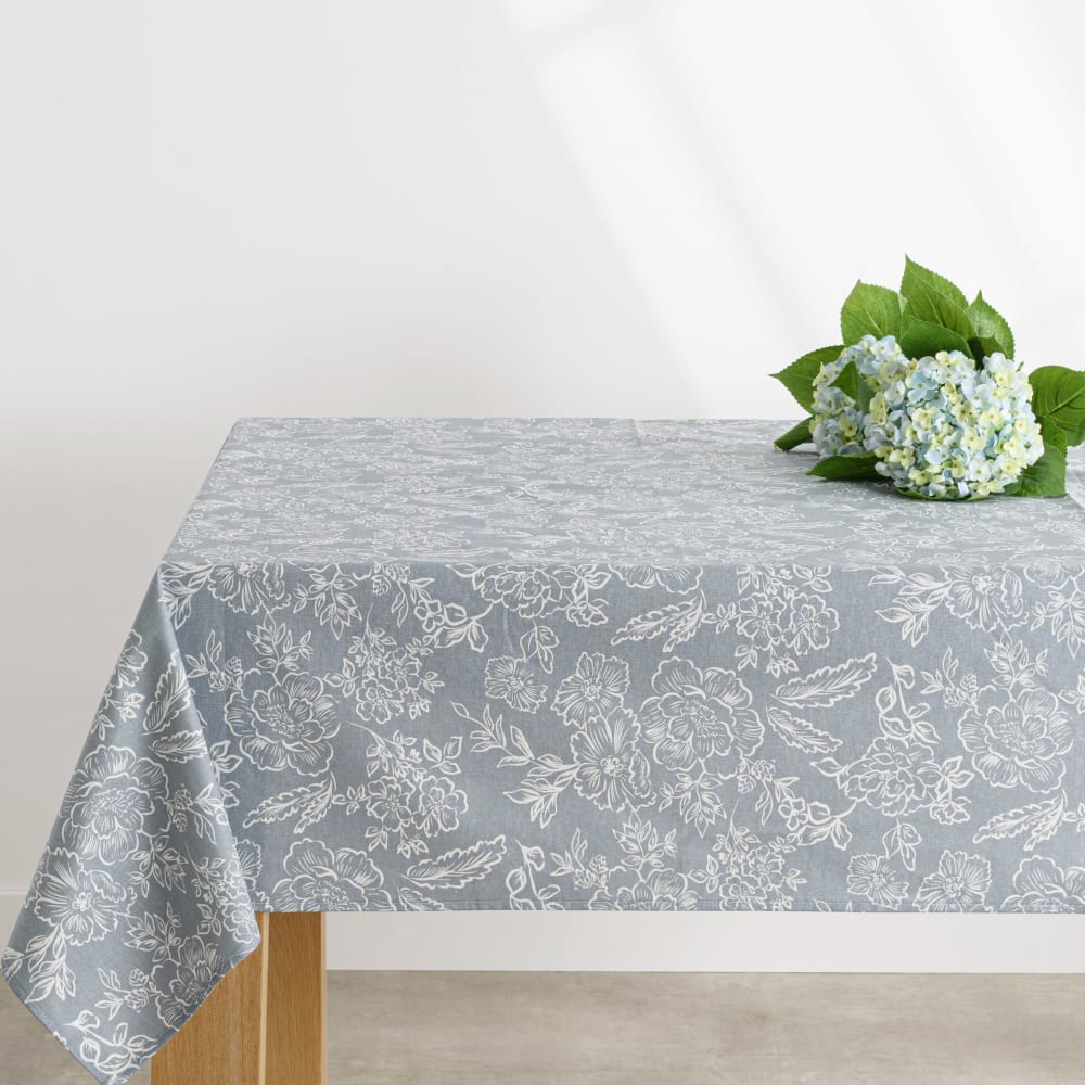 Nappe enduite en coton bleu et écru à imprimé floral 150x150