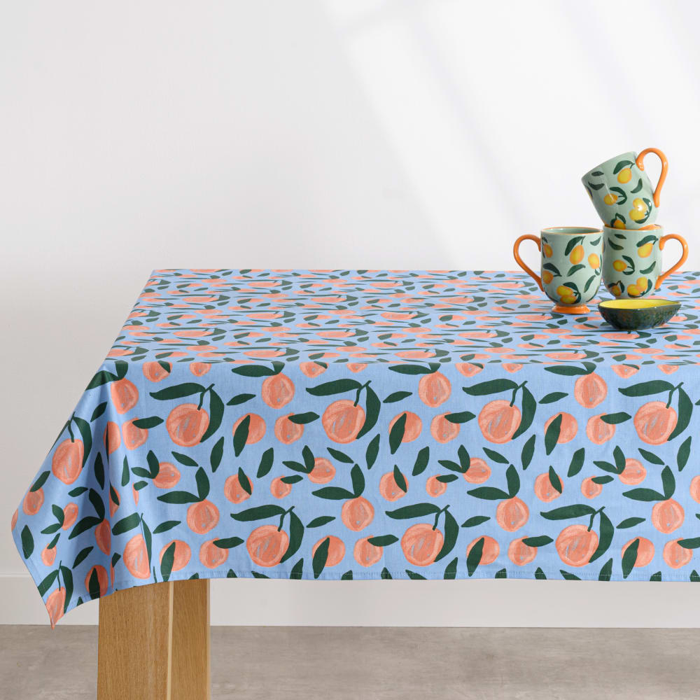 Nappe enduite en coton bleu imprimé fruité multicolore 170x170
